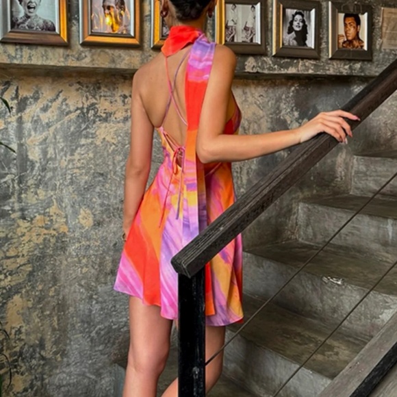 Semi-Sheer Halter Backless Tie Dye Short Dress - Multicolor / L - Picture 3 of 6